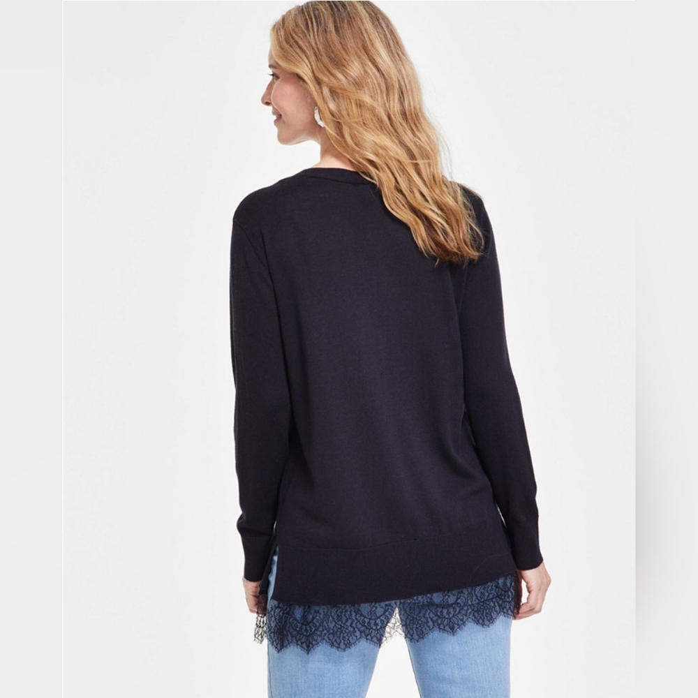 INC Women's Lace Trim Black Tunic Sweater Large NEW - Picture 2 of 2
